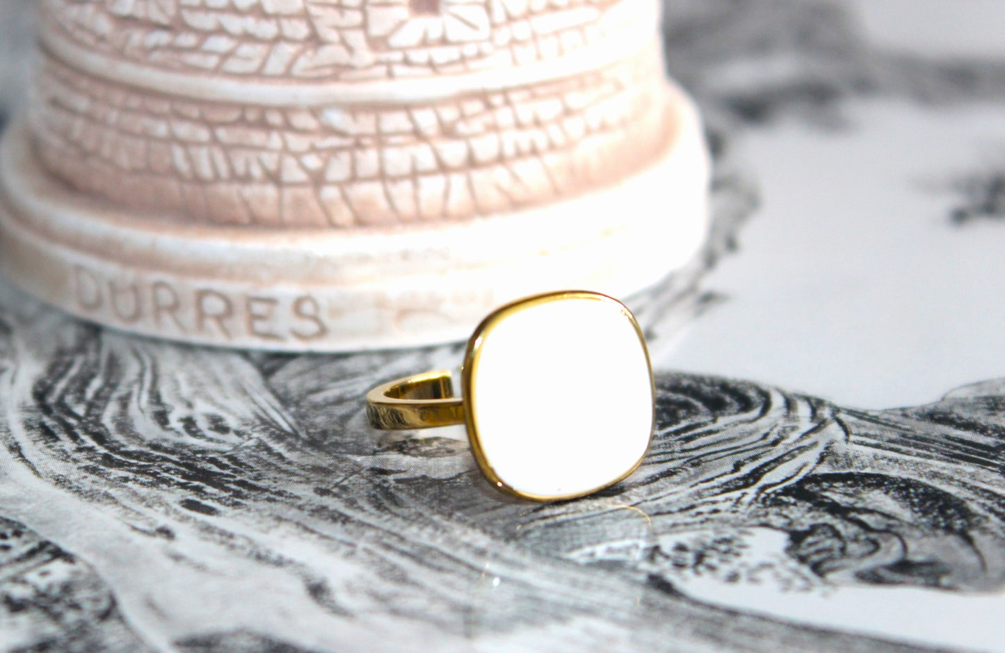White Agate 18K Plated Adjustable Ring